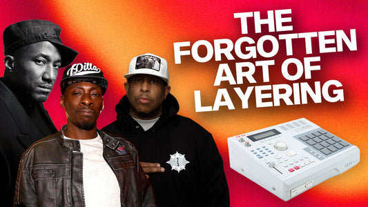 Q-Tip, Pete Rock, and DJ Premier pictured with an MPC 3000 sampler, alongside bold text reading 'The Forgotten Art of Layering' against a vibrant red and orange gradient background.