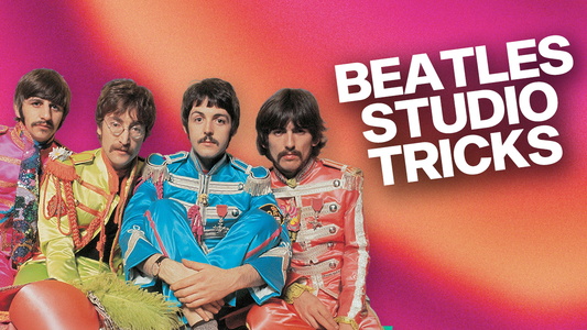 The Beatles dressed in colourful Sgt. Pepper uniforms against a vibrant background, with text reading 'Beatles Studio Tricks,' showcasing their innovative music production techniques.
