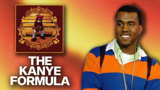 Kanye West in a colourful striped shirt with The College Dropout artwork, highlighting his chipmunk soul production style using samples, loops, and free music packs.