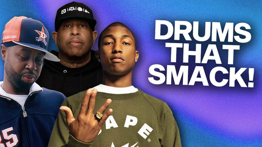 An image featuring iconic producers J Dilla, DJ Premier, and Pharrell Williams, with bold text 'Drums That Smack!' showcasing a focus on crafting impactful hip-hop drum sounds.