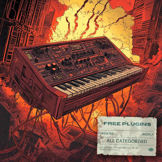 Illustration of a vintage synthesizer surrounded by fiery explosions and city buildings, promoting a free plugin database for music producers. A label reads “Free Plugins – Updated Weekly – All Categorized.