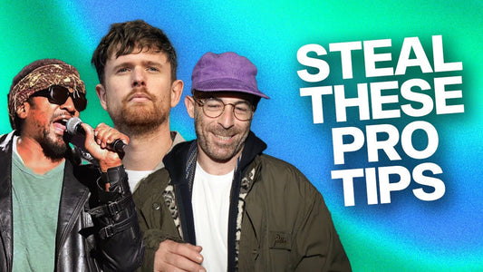 Q-Tip, James Blake, and Bonobo pictured against a vibrant gradient background with bold text reading 'Steal These Pro Tips'