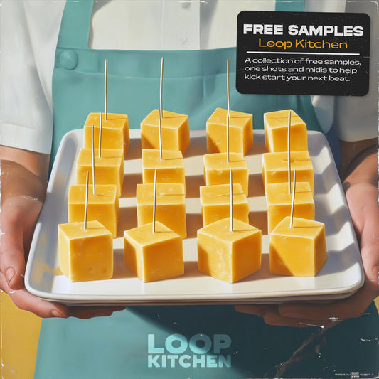 A tray of cheese cubes on toothpicks, representing Loop Kitchen’s free sample pack, featuring music production samples, one-shots, loops, and MIDI files.