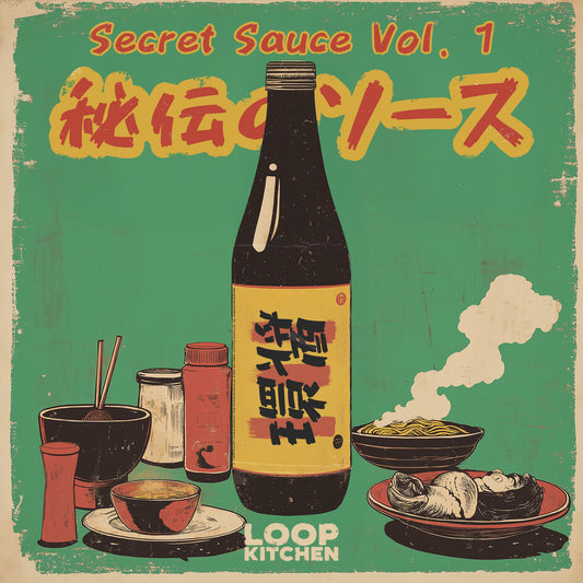 A vintage-style illustration featuring a bottle of sauce surrounded by bowls, plates, and chopsticks, symbolising the unique flavour of Loop Kitchen's Secret Sauce Vol. 1 sample pack, blending soulful samples and loops for music production.
