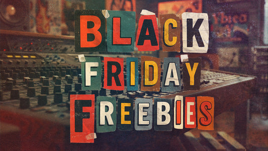 Retro collage-style header image reading “Black Friday Freebies” over a mixing desk, for Loop Kitchen’s free plugin blog.