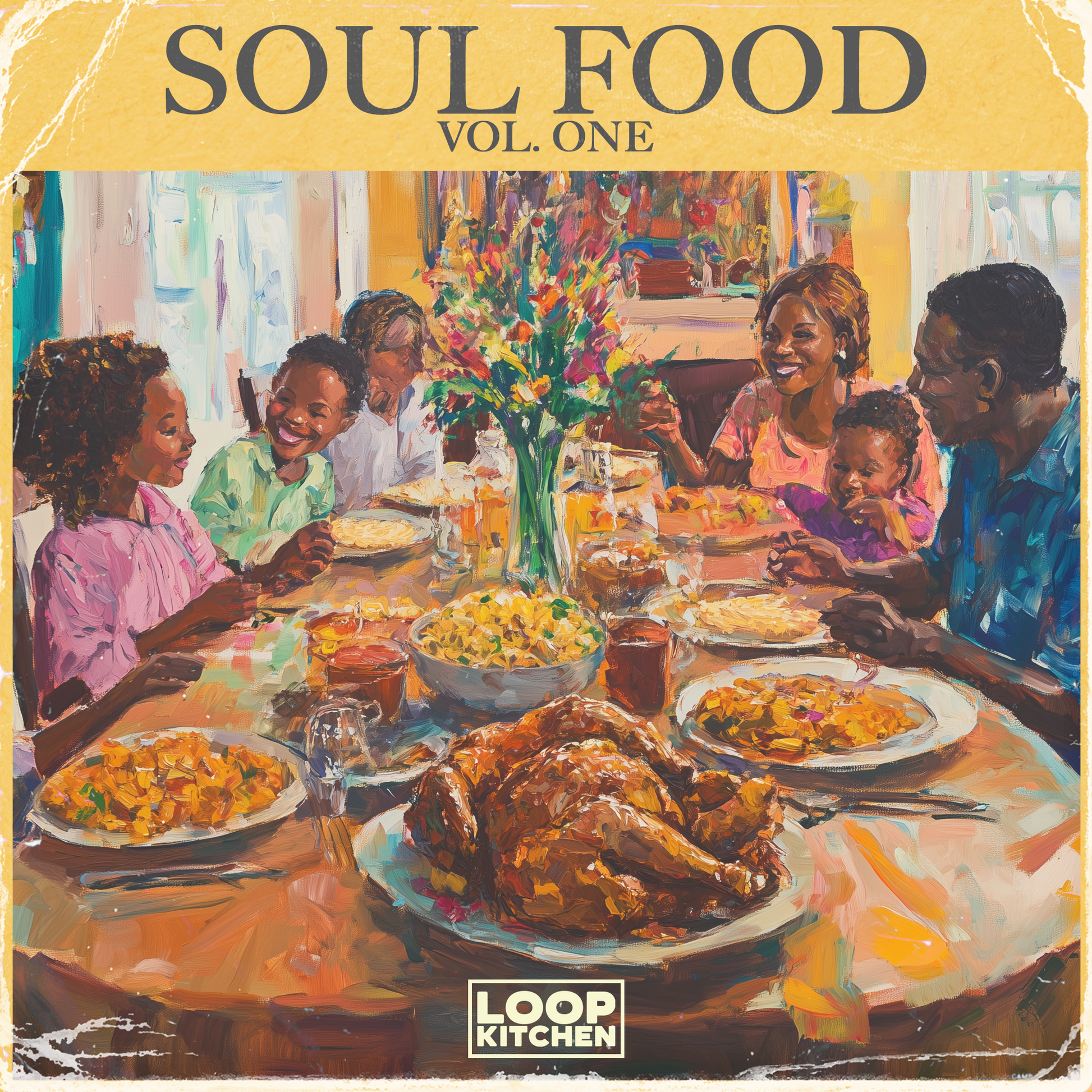 A vibrant, painterly image of a family gathered around a table, sharing a hearty meal, symbolising the soulful, homemade vibe of Loop Kitchen's Soul Food Vol. 1 sample pack, featuring samples and loops for music production.